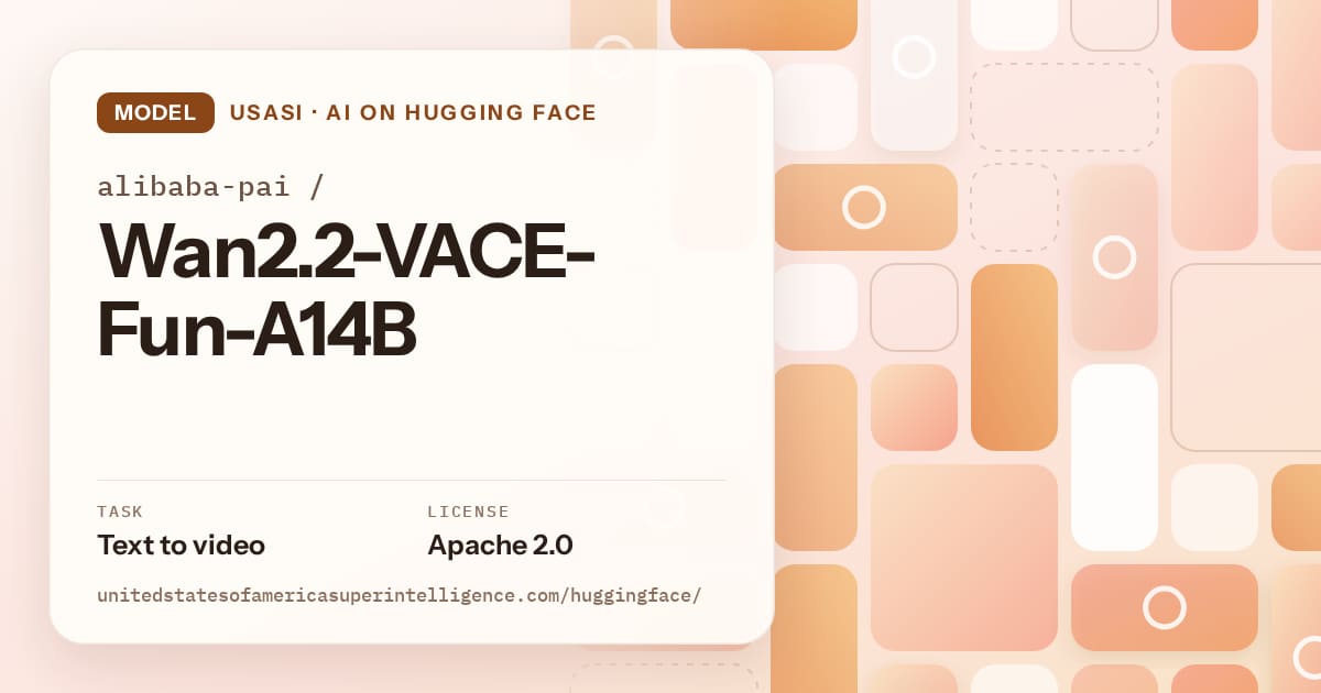 Generated orange tile-mosaic artwork for the model alibaba-pai/Wan2.2-VACE-Fun-A14B, labeled USASI · AI on Hugging Face, with Task: Text to video · License: Apache 2.0.