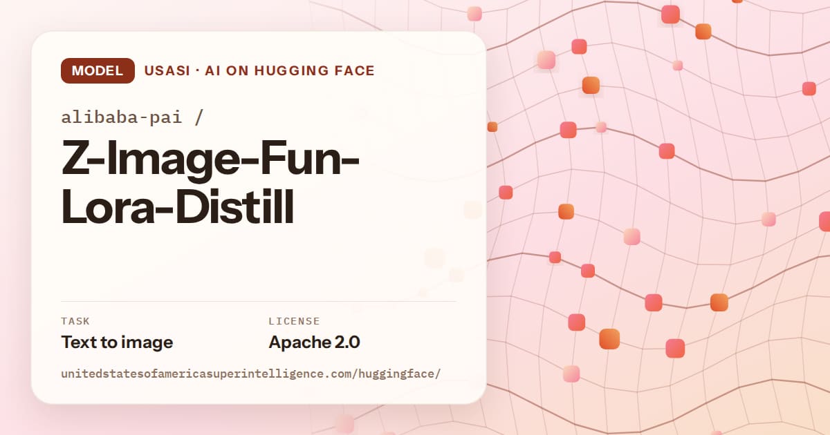 Generated tangerine wave-lattice artwork for the model alibaba-pai/Z-Image-Fun-Lora-Distill, labeled USASI · AI on Hugging Face, with Task: Text to image · License: Apache 2.0.