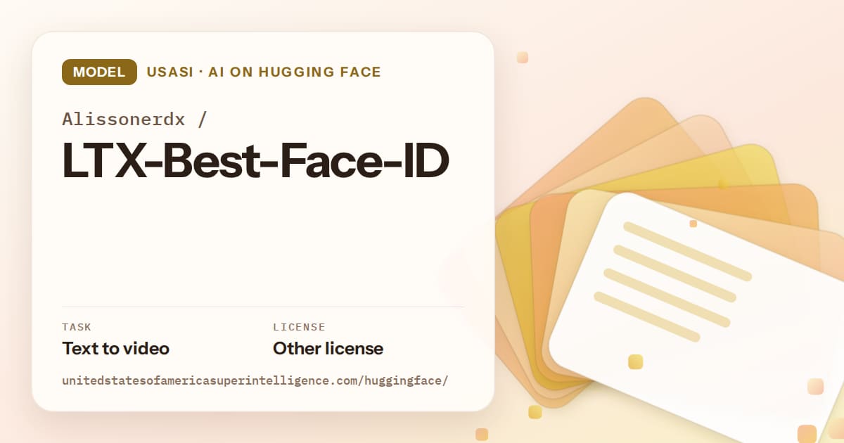 Generated amber layered-card artwork for the model Alissonerdx/LTX-Best-Face-ID, labeled USASI · AI on Hugging Face, with Task: Text to video · License: Other license.