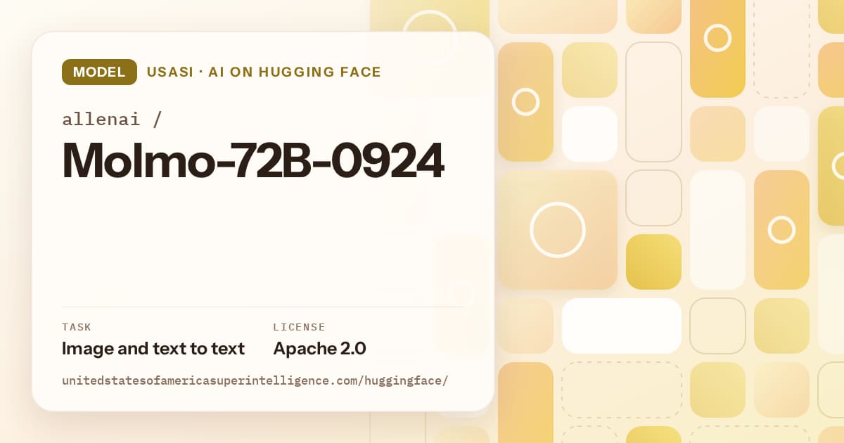 Generated gold tile-mosaic artwork for the model allenai/Molmo-72B-0924, labeled USASI · AI on Hugging Face, with Task: Image and text to text · License: Apache 2.0.