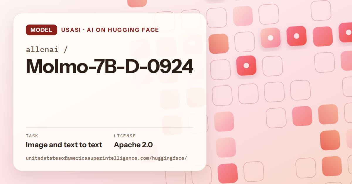 Generated coral rounded-tile grid artwork for the model allenai/Molmo-7B-D-0924, labeled USASI · AI on Hugging Face, with Task: Image and text to text · License: Apache 2.0.