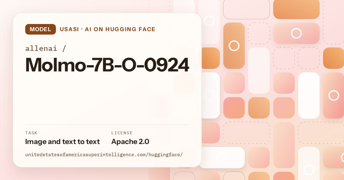 Generated orange tile-mosaic artwork for the model allenai/Molmo-7B-O-0924, labeled USASI · AI on Hugging Face, with Task: Image and text to text · License: Apache 2.0.