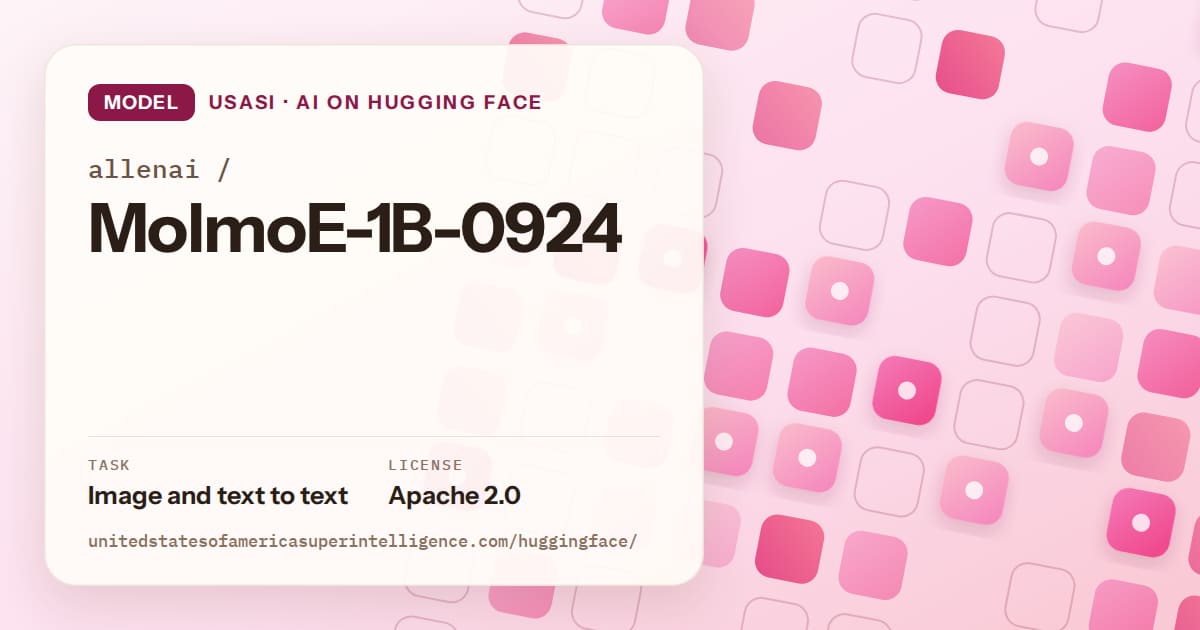 Generated rose rounded-tile grid artwork for the model allenai/MolmoE-1B-0924, labeled USASI · AI on Hugging Face, with Task: Image and text to text · License: Apache 2.0.