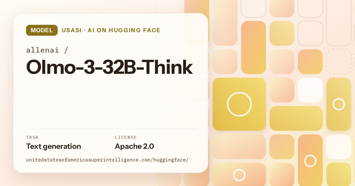 Generated gold tile-mosaic artwork for the model allenai/Olmo-3-32B-Think, labeled USASI · AI on Hugging Face, with Task: Text generation · License: Apache 2.0.