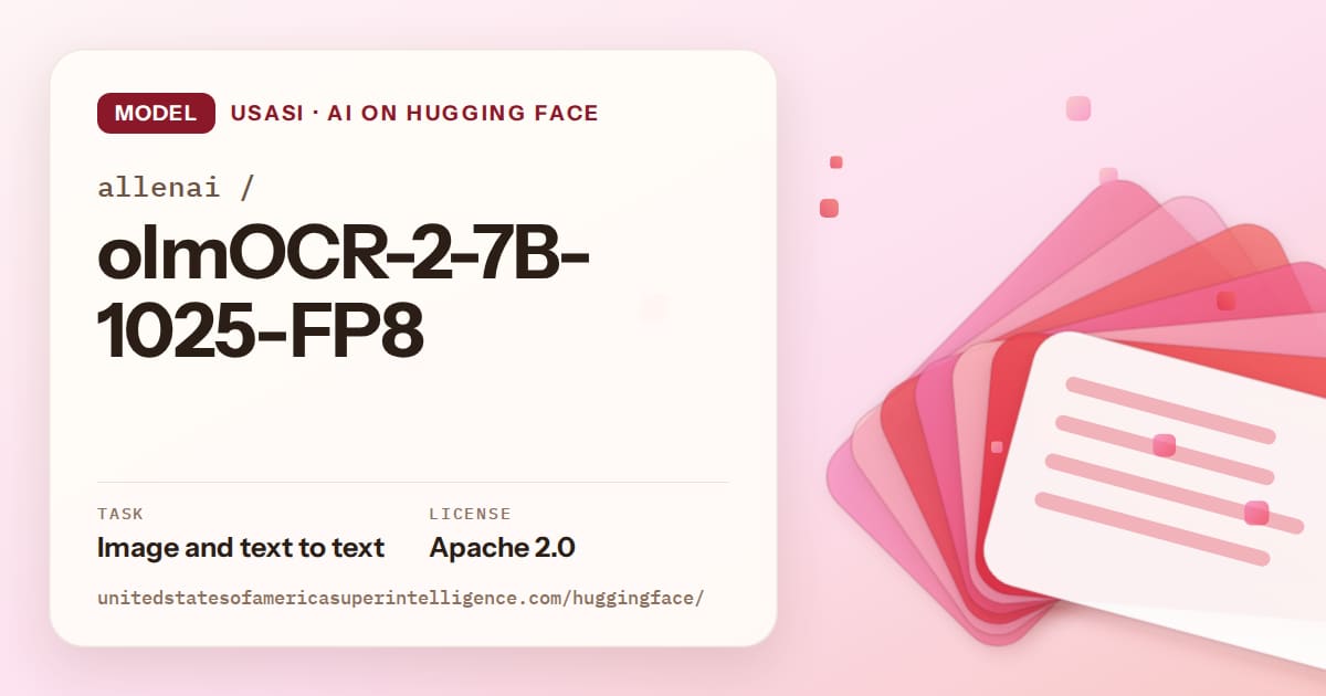 Generated coral layered-card artwork for the model allenai/olmOCR-2-7B-1025-FP8, labeled USASI · AI on Hugging Face, with Task: Image and text to text · License: Apache 2.0.