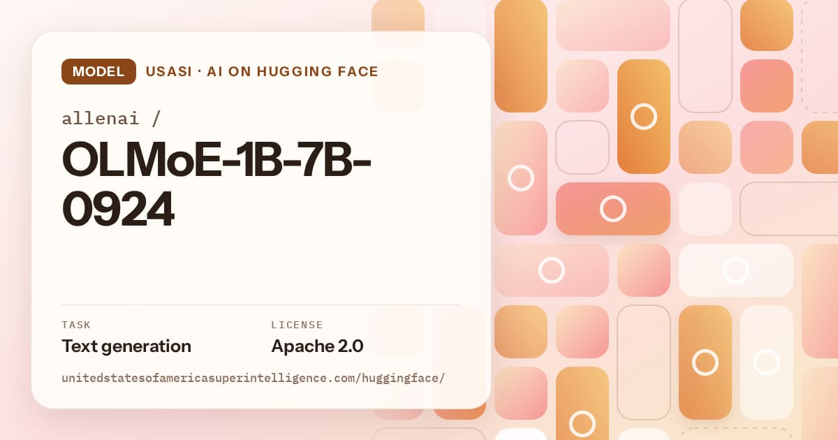 Generated orange tile-mosaic artwork for the model allenai/OLMoE-1B-7B-0924, labeled USASI · AI on Hugging Face, with Task: Text generation · License: Apache 2.0.