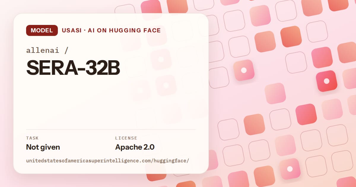 Generated coral rounded-tile grid artwork for the model allenai/SERA-32B, labeled USASI · AI on Hugging Face, with Task: Not given · License: Apache 2.0.