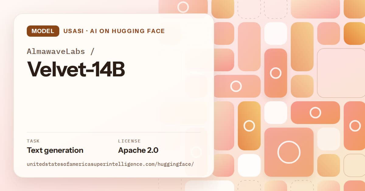 Generated orange tile-mosaic artwork for the model AlmawaveLabs/Velvet-14B, labeled USASI · AI on Hugging Face, with Task: Text generation · License: Apache 2.0.