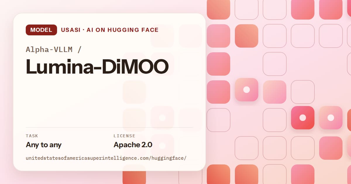 Generated coral rounded-tile grid artwork for the model Alpha-VLLM/Lumina-DiMOO, labeled USASI · AI on Hugging Face, with Task: Any to any · License: Apache 2.0.