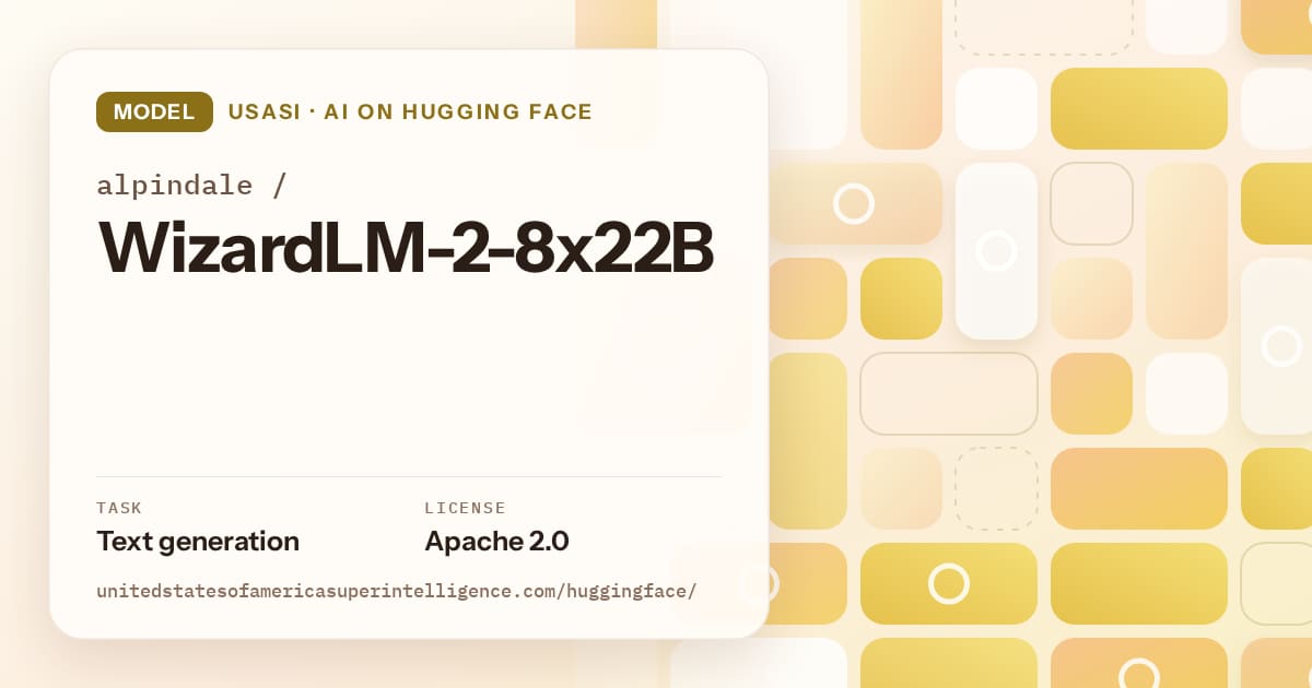Generated gold tile-mosaic artwork for the model alpindale/WizardLM-2-8x22B, labeled USASI · AI on Hugging Face, with Task: Text generation · License: Apache 2.0.