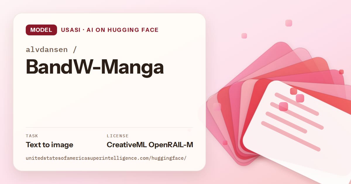 Generated coral layered-card artwork for the model alvdansen/BandW-Manga, labeled USASI · AI on Hugging Face, with Task: Text to image · License: CreativeML OpenRAIL-M.