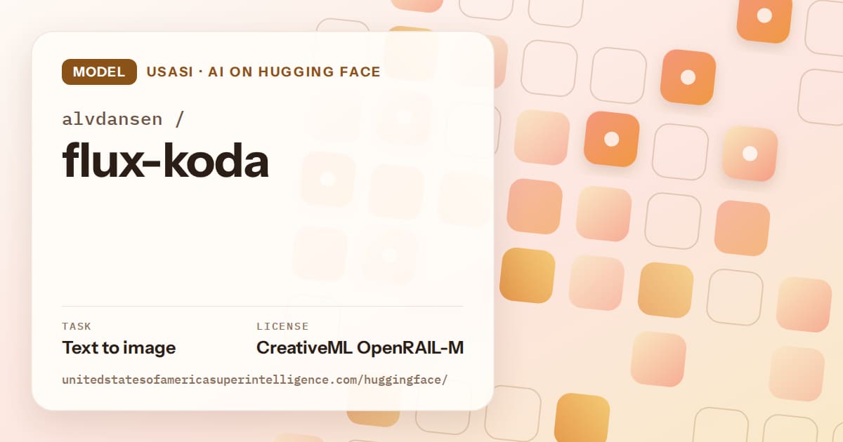 Generated orange rounded-tile grid artwork for the model alvdansen/flux-koda, labeled USASI · AI on Hugging Face, with Task: Text to image · License: CreativeML OpenRAIL-M.
