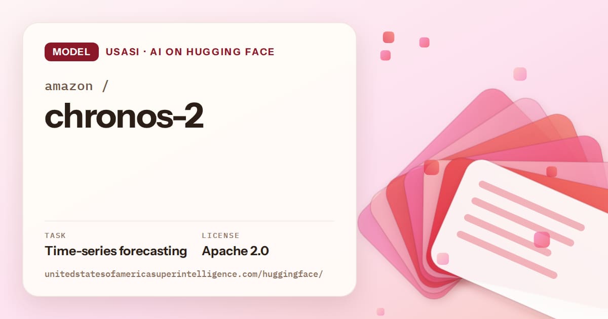 Generated coral layered-card artwork for the model amazon/chronos-2, labeled USASI · AI on Hugging Face, with Task: Time-series forecasting · License: Apache 2.0.