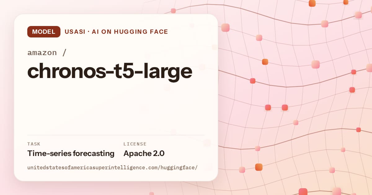 Generated tangerine wave-lattice artwork for the model amazon/chronos-t5-large, labeled USASI · AI on Hugging Face, with Task: Time-series forecasting · License: Apache 2.0.