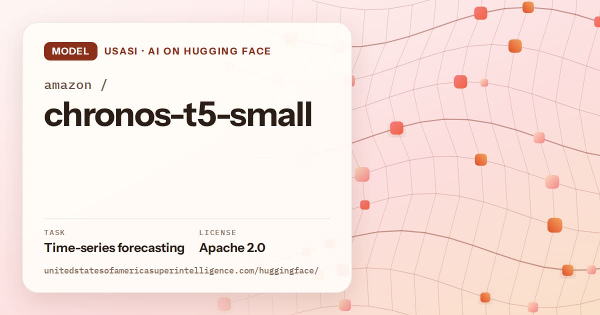 Generated tangerine wave-lattice artwork for the model amazon/chronos-t5-small, labeled USASI · AI on Hugging Face, with Task: Time-series forecasting · License: Apache 2.0.