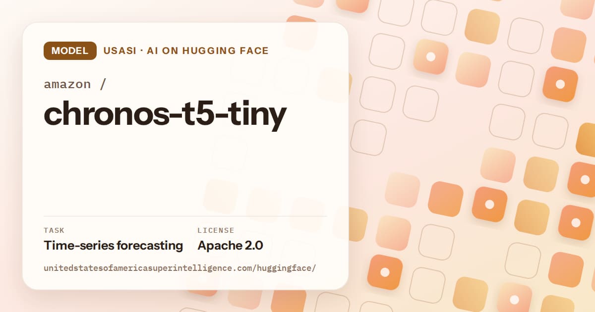 Generated orange rounded-tile grid artwork for the model amazon/chronos-t5-tiny, labeled USASI · AI on Hugging Face, with Task: Time-series forecasting · License: Apache 2.0.