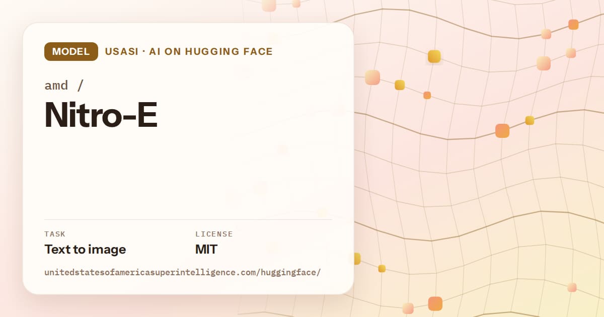 Generated amber wave-lattice artwork for the model amd/Nitro-E, labeled USASI · AI on Hugging Face, with Task: Text to image · License: MIT.