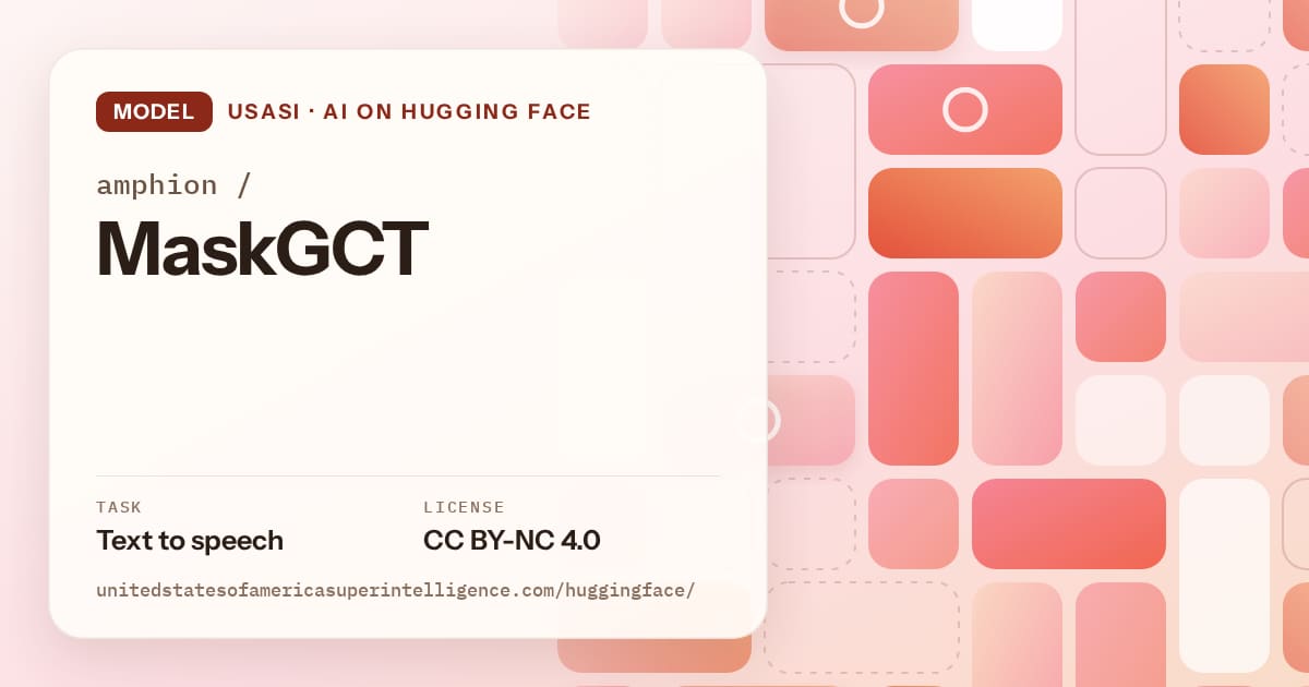 Generated coral tile-mosaic artwork for the model amphion/MaskGCT, labeled USASI · AI on Hugging Face, with Task: Text to speech · License: CC BY-NC 4.0.