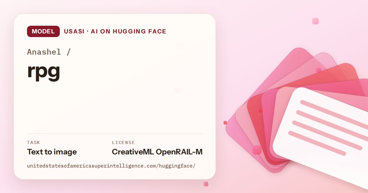 Generated coral layered-card artwork for the model Anashel/rpg, labeled USASI · AI on Hugging Face, with Task: Text to image · License: CreativeML OpenRAIL-M.