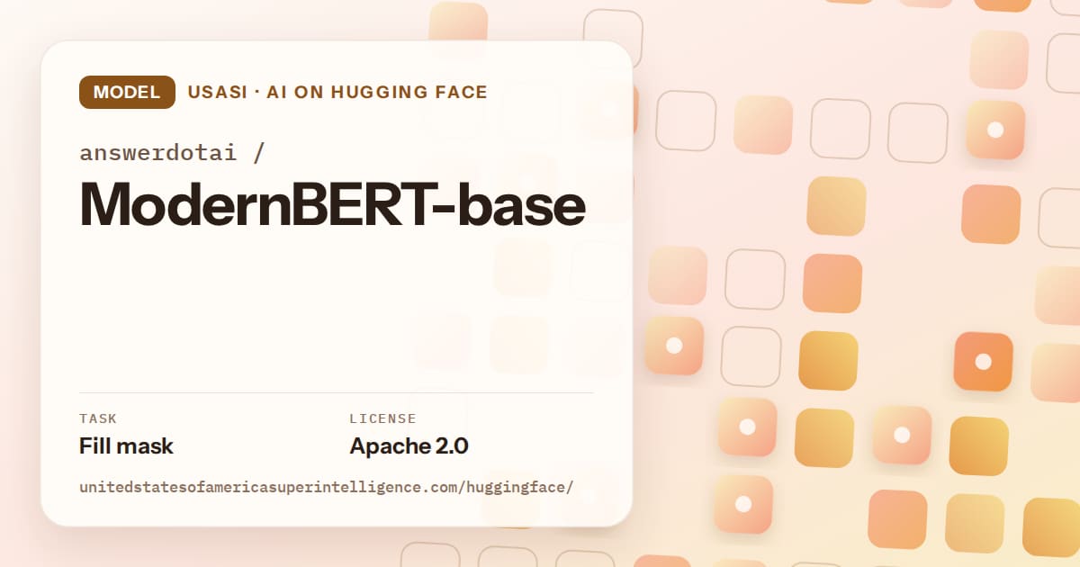 Generated orange rounded-tile grid artwork for the model answerdotai/ModernBERT-base, labeled USASI · AI on Hugging Face, with Task: Fill mask · License: Apache 2.0.