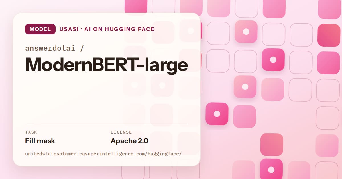 Generated rose rounded-tile grid artwork for the model answerdotai/ModernBERT-large, labeled USASI · AI on Hugging Face, with Task: Fill mask · License: Apache 2.0.