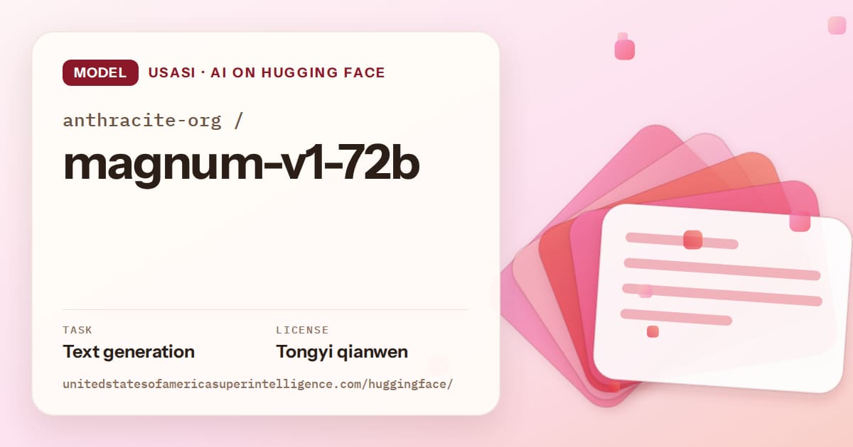 Generated coral layered-card artwork for the model anthracite-org/magnum-v1-72b, labeled USASI · AI on Hugging Face, with Task: Text generation · License: Tongyi qianwen.