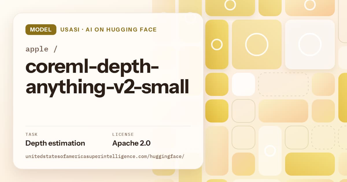 Generated gold tile-mosaic artwork for the model apple/coreml-depth-anything-v2-small, labeled USASI · AI on Hugging Face, with Task: Depth estimation · License: Apache 2.0.