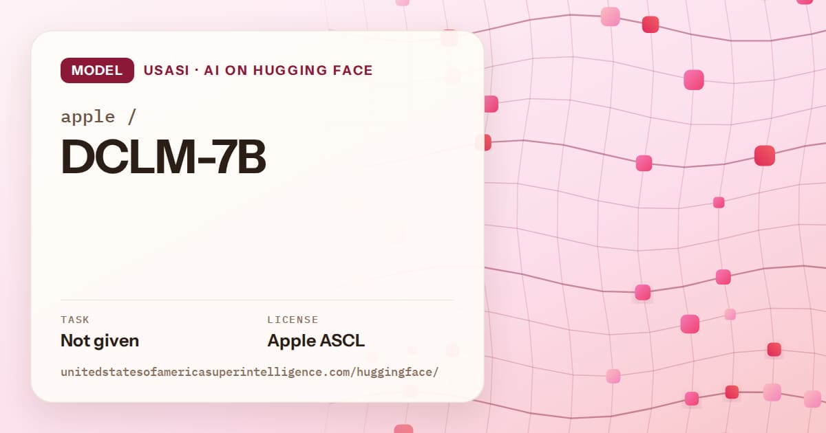 Generated rose wave-lattice artwork for the model apple/DCLM-7B, labeled USASI · AI on Hugging Face, with Task: Not given · License: Apple ASCL.