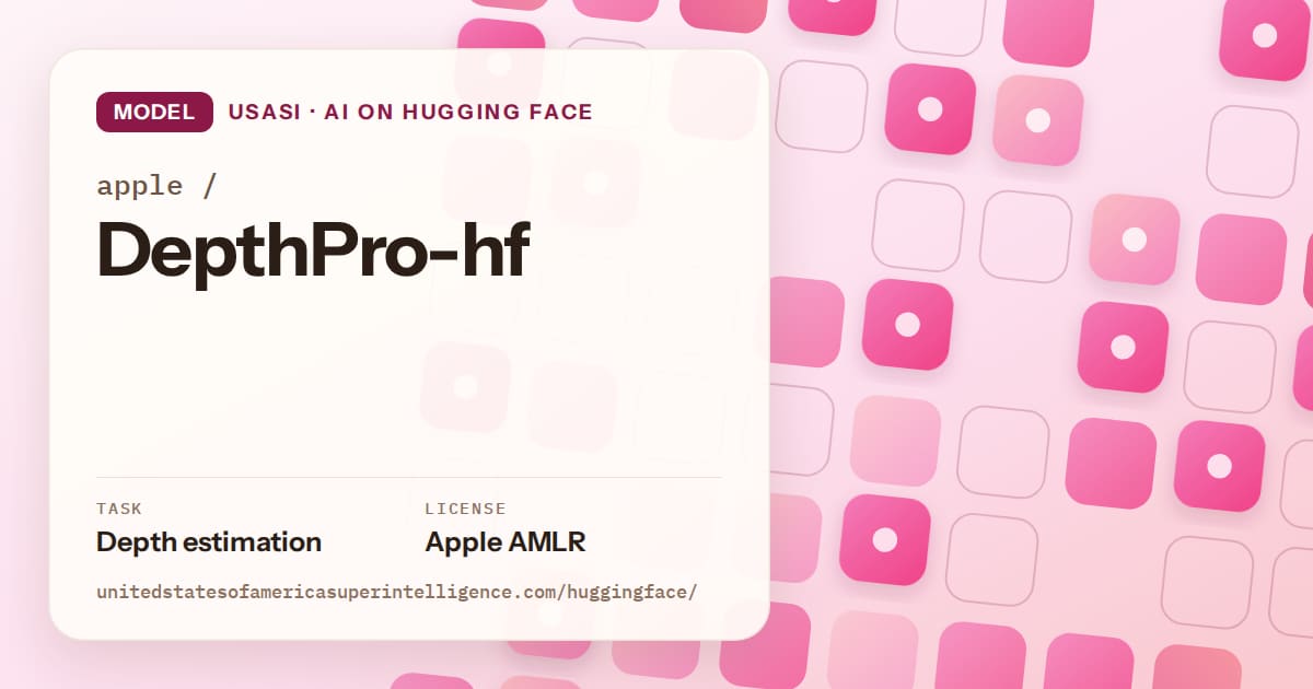 Generated rose rounded-tile grid artwork for the model apple/DepthPro-hf, labeled USASI · AI on Hugging Face, with Task: Depth estimation · License: Apple AMLR.