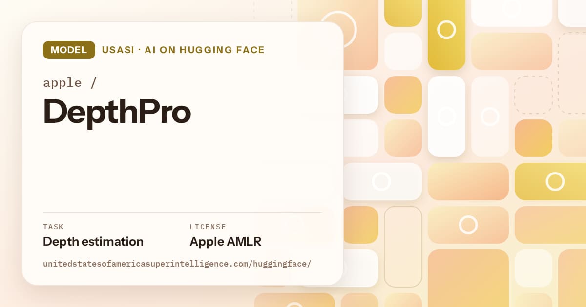 Generated gold tile-mosaic artwork for the model apple/DepthPro, labeled USASI · AI on Hugging Face, with Task: Depth estimation · License: Apple AMLR.