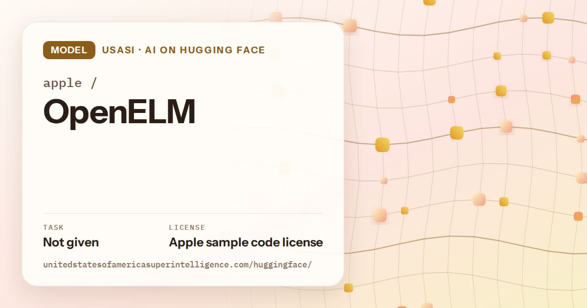 Generated amber wave-lattice artwork for the model apple/OpenELM, labeled USASI · AI on Hugging Face, with Task: Not given · License: Apple sample code license.