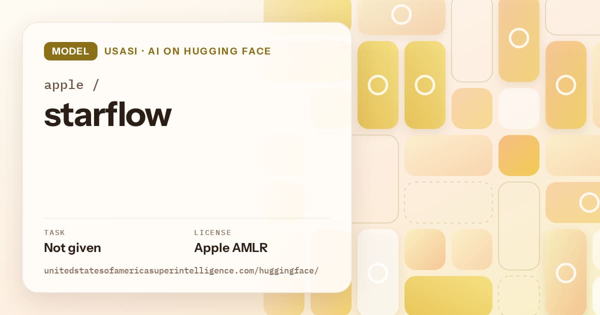 Generated gold tile-mosaic artwork for the model apple/starflow, labeled USASI · AI on Hugging Face, with Task: Not given · License: Apple AMLR.