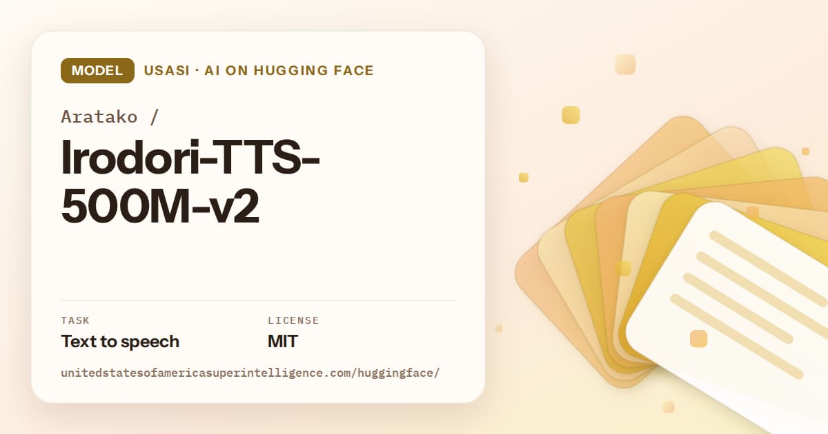 Generated amber layered-card artwork for the model Aratako/Irodori-TTS-500M-v2, labeled USASI · AI on Hugging Face, with Task: Text to speech · License: MIT.
