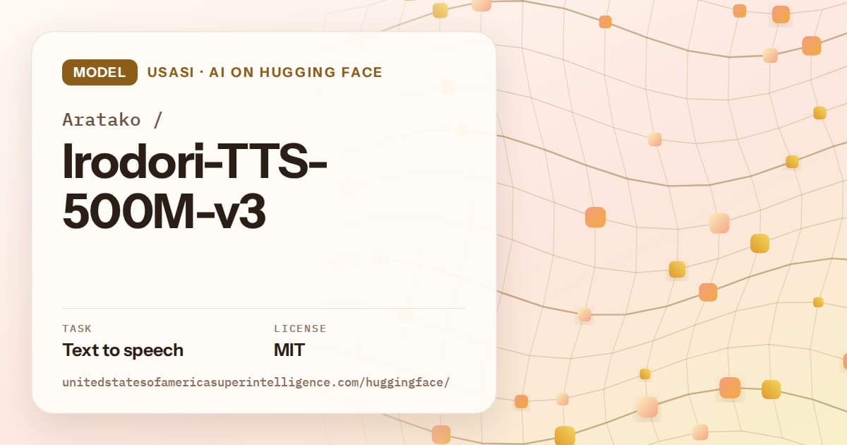 Generated amber wave-lattice artwork for the model Aratako/Irodori-TTS-500M-v3, labeled USASI · AI on Hugging Face, with Task: Text to speech · License: MIT.