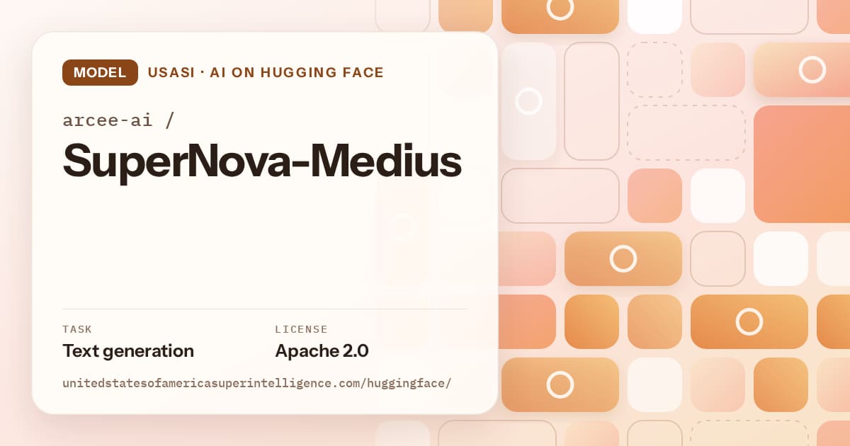 Generated orange tile-mosaic artwork for the model arcee-ai/SuperNova-Medius, labeled USASI · AI on Hugging Face, with Task: Text generation · License: Apache 2.0.