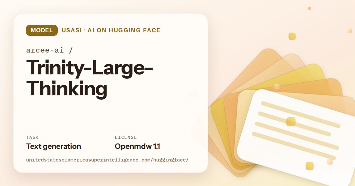 Generated amber layered-card artwork for the model arcee-ai/Trinity-Large-Thinking, labeled USASI · AI on Hugging Face, with Task: Text generation · License: Openmdw 1.1.