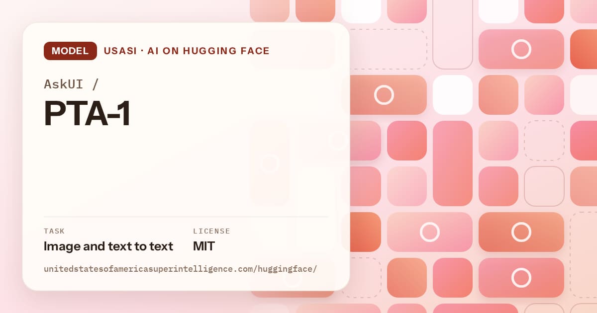 Generated coral tile-mosaic artwork for the model AskUI/PTA-1, labeled USASI · AI on Hugging Face, with Task: Image and text to text · License: MIT.