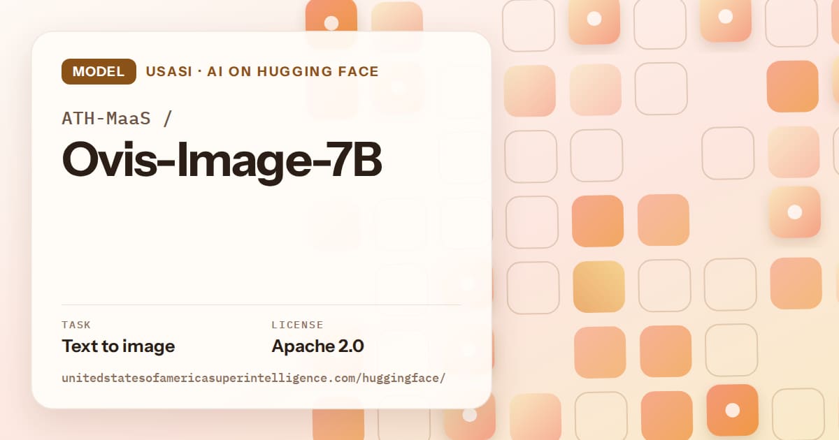 Generated orange rounded-tile grid artwork for the model ATH-MaaS/Ovis-Image-7B, labeled USASI · AI on Hugging Face, with Task: Text to image · License: Apache 2.0.
