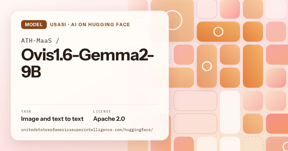Generated orange tile-mosaic artwork for the model ATH-MaaS/Ovis1.6-Gemma2-9B, labeled USASI · AI on Hugging Face, with Task: Image and text to text · License: Apache 2.0.