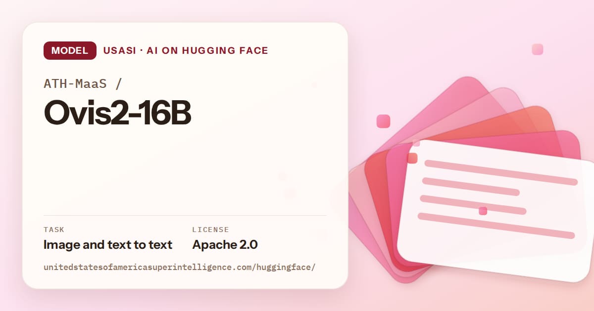 Generated coral layered-card artwork for the model ATH-MaaS/Ovis2-16B, labeled USASI · AI on Hugging Face, with Task: Image and text to text · License: Apache 2.0.