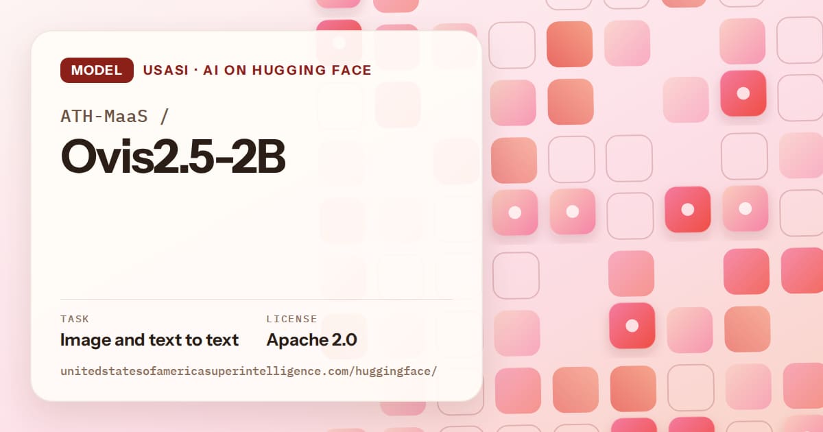 Generated coral rounded-tile grid artwork for the model ATH-MaaS/Ovis2.5-2B, labeled USASI · AI on Hugging Face, with Task: Image and text to text · License: Apache 2.0.
