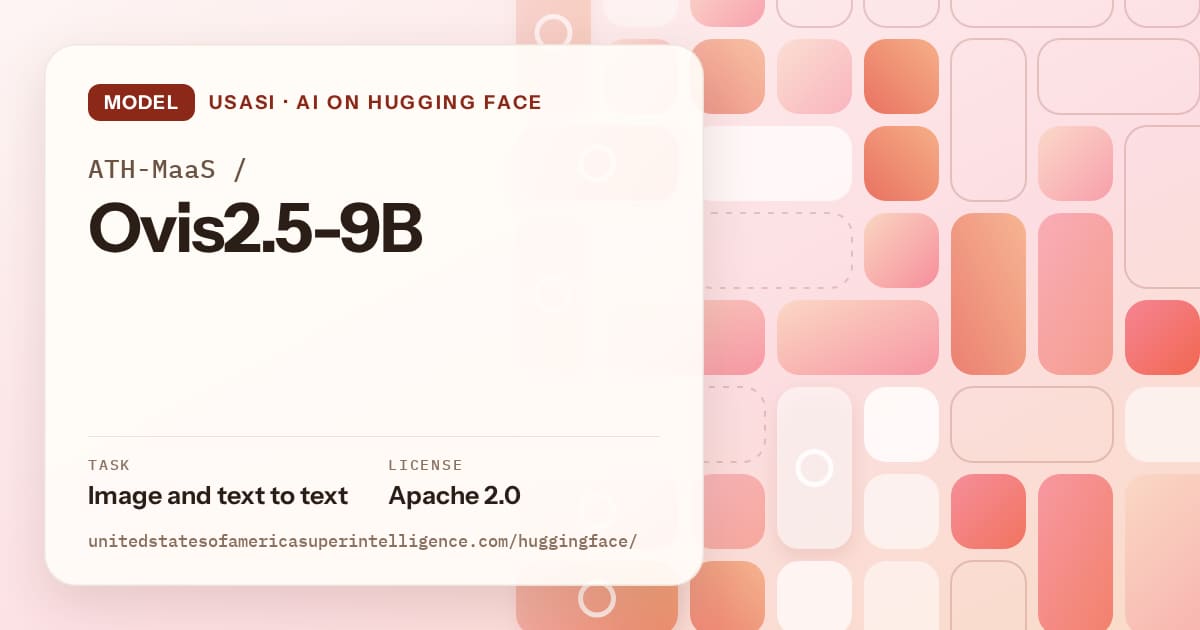 Generated coral tile-mosaic artwork for the model ATH-MaaS/Ovis2.5-9B, labeled USASI · AI on Hugging Face, with Task: Image and text to text · License: Apache 2.0.