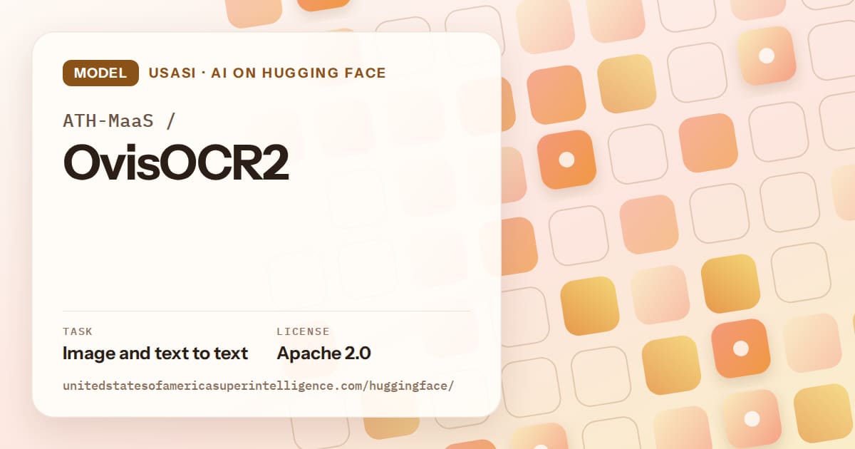 Generated orange rounded-tile grid artwork for the model ATH-MaaS/OvisOCR2, labeled USASI · AI on Hugging Face, with Task: Image and text to text · License: Apache 2.0.