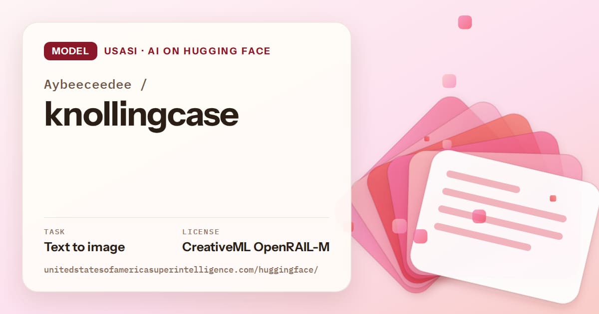 Generated coral layered-card artwork for the model Aybeeceedee/knollingcase, labeled USASI · AI on Hugging Face, with Task: Text to image · License: CreativeML OpenRAIL-M.