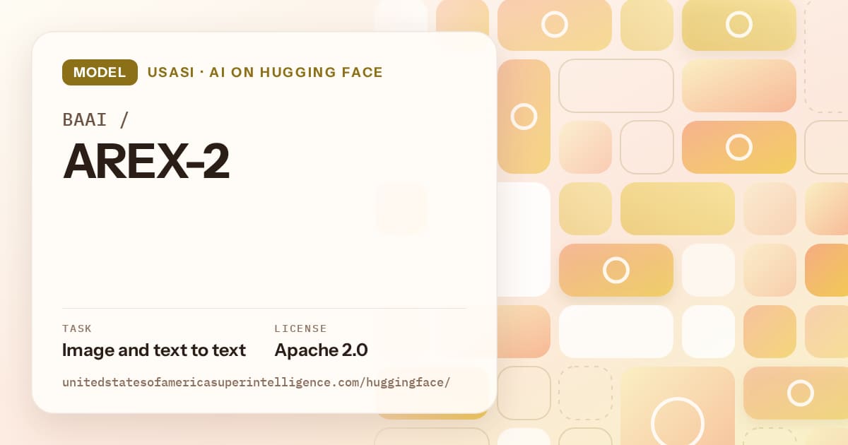 Generated gold tile-mosaic artwork for the model BAAI/AREX-2, labeled USASI · AI on Hugging Face, with Task: Image and text to text · License: Apache 2.0.