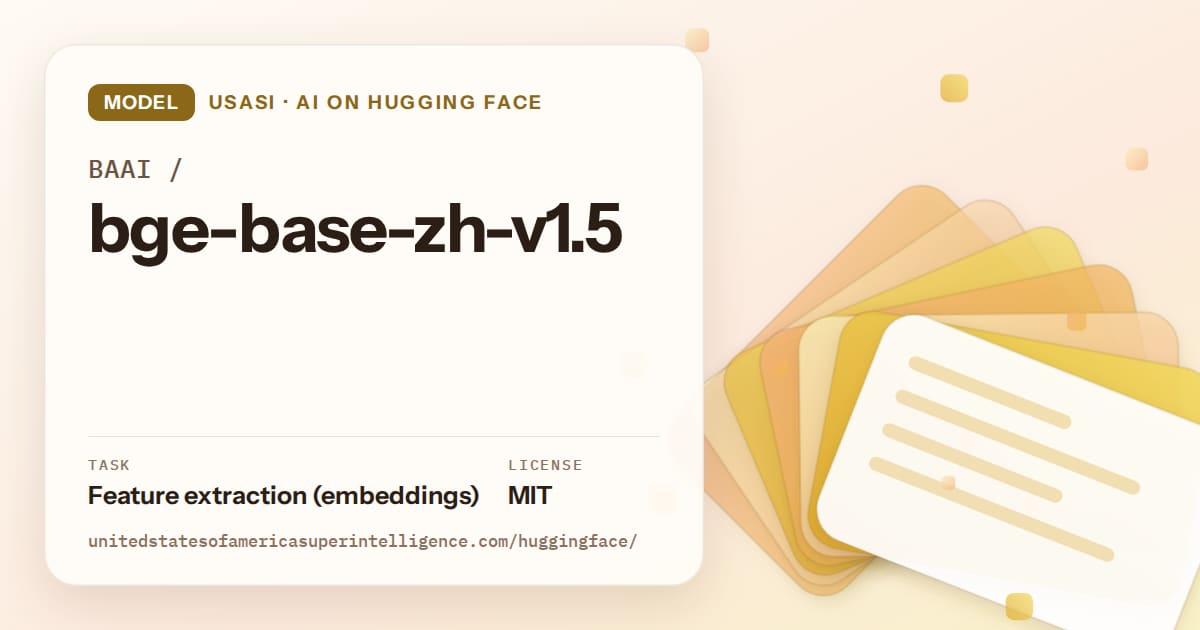 Generated amber layered-card artwork for the model BAAI/bge-base-zh-v1.5, labeled USASI · AI on Hugging Face, with Task: Feature extraction (embeddings) · License: MIT.