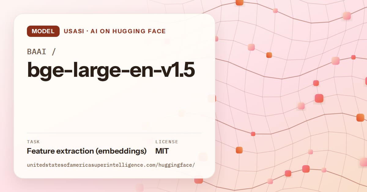 Generated tangerine wave-lattice artwork for the model BAAI/bge-large-en-v1.5, labeled USASI · AI on Hugging Face, with Task: Feature extraction (embeddings) · License: MIT.