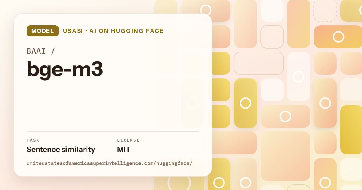 Generated gold tile-mosaic artwork for the model BAAI/bge-m3, labeled USASI · AI on Hugging Face, with Task: Sentence similarity · License: MIT.