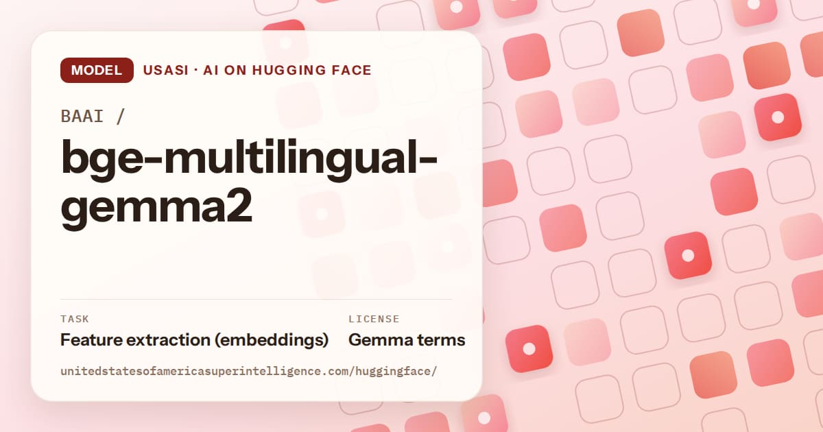Generated coral rounded-tile grid artwork for the model BAAI/bge-multilingual-gemma2, labeled USASI · AI on Hugging Face, with Task: Feature extraction (embeddings) · License: Gemma terms.