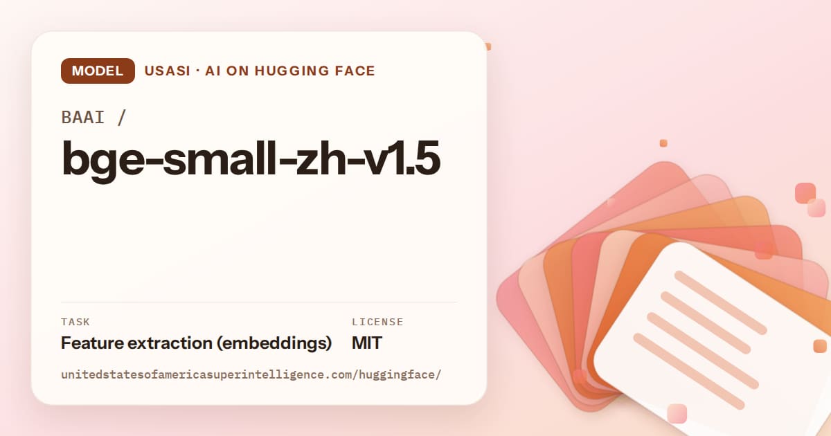 Generated tangerine layered-card artwork for the model BAAI/bge-small-zh-v1.5, labeled USASI · AI on Hugging Face, with Task: Feature extraction (embeddings) · License: MIT.